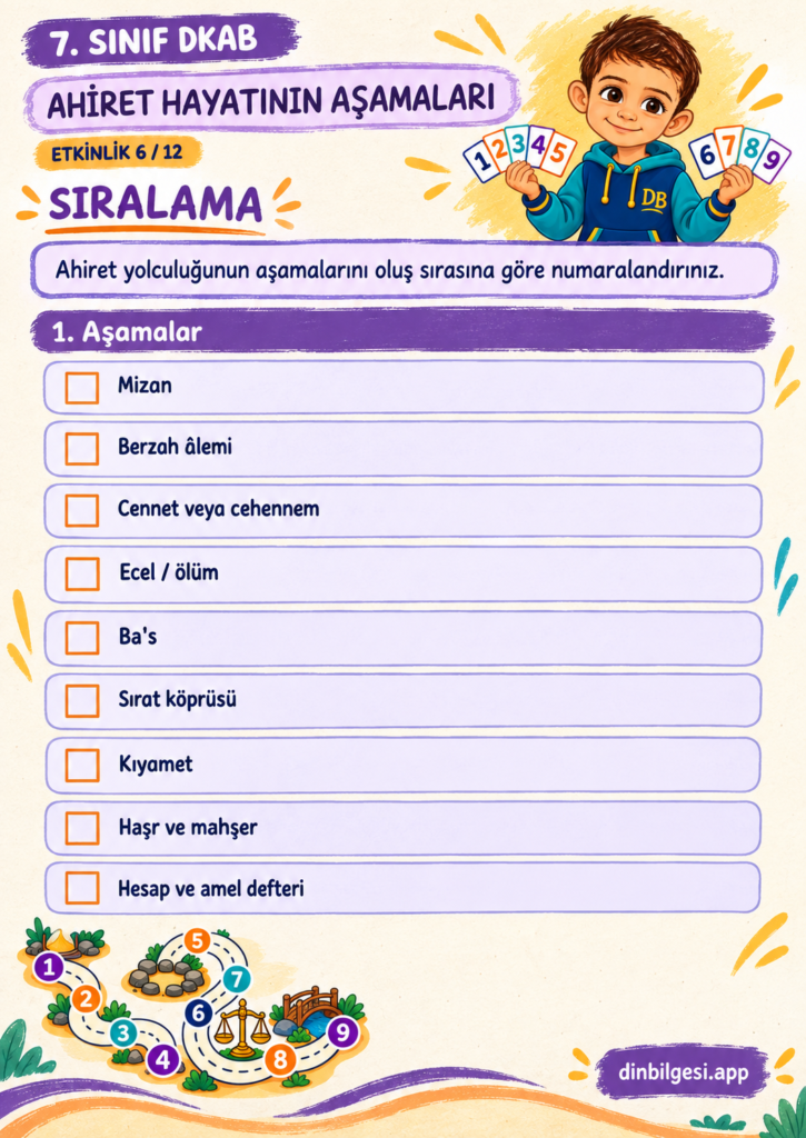 Ahiret Hayatının Aşamaları – Sıralama Çalışma Kağıdı – 7. Sınıf DKAB