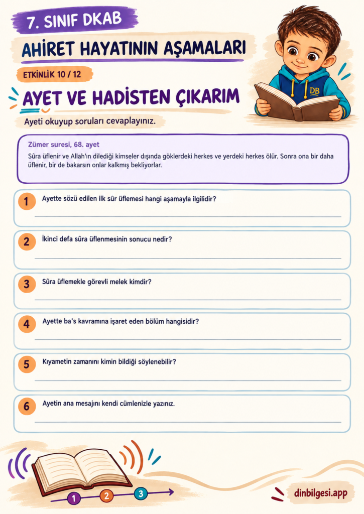 Ahiret Hayatının Aşamaları – Ayet ve Hadisten Çıkarım Çalışma Kağıdı – 7. Sınıf DKAB