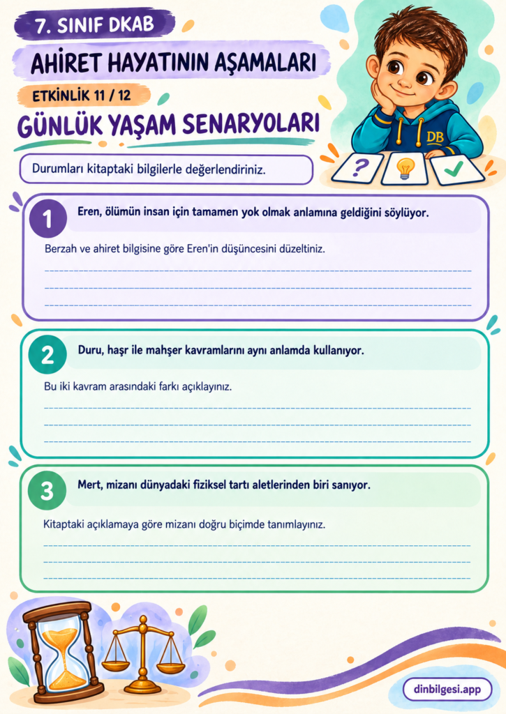 Ahiret Hayatının Aşamaları – Günlük Yaşam Senaryoları Çalışma Kağıdı – 7. Sınıf DKAB