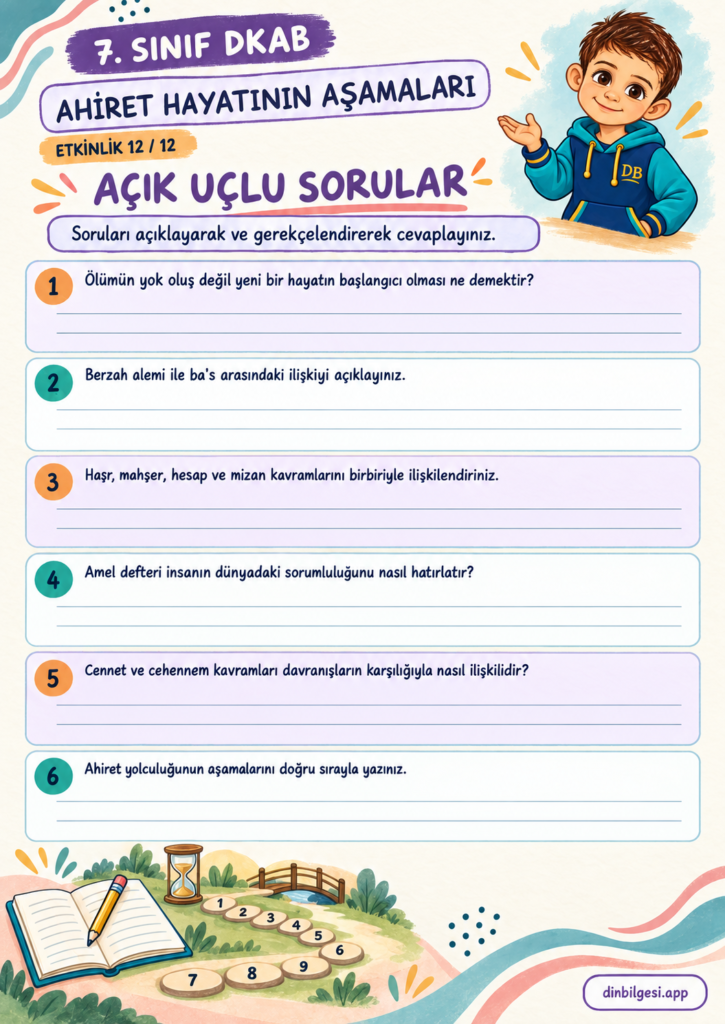Ahiret Hayatının Aşamaları – Açık Uçlu Sorular Çalışma Kağıdı – 7. Sınıf DKAB
