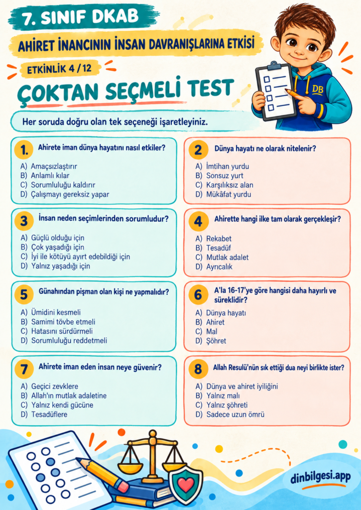 Ahiret İnancının İnsan Davranışlarına Etkisi – Çoktan Seçmeli Test Çalışma Kağıdı – 7. Sınıf DKAB
