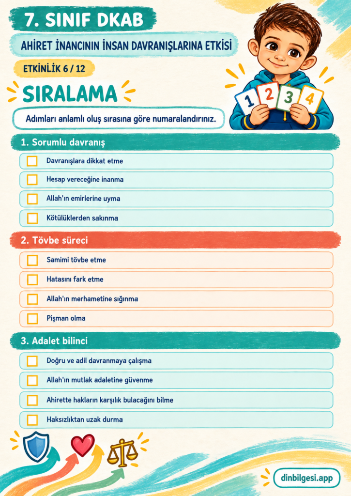 Ahiret İnancının İnsan Davranışlarına Etkisi – Sıralama Çalışma Kağıdı – 7. Sınıf DKAB