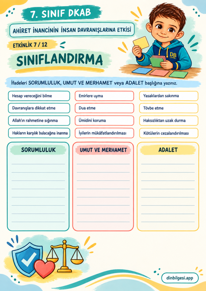 Ahiret İnancının İnsan Davranışlarına Etkisi – Sınıflandırma Çalışma Kağıdı – 7. Sınıf DKAB