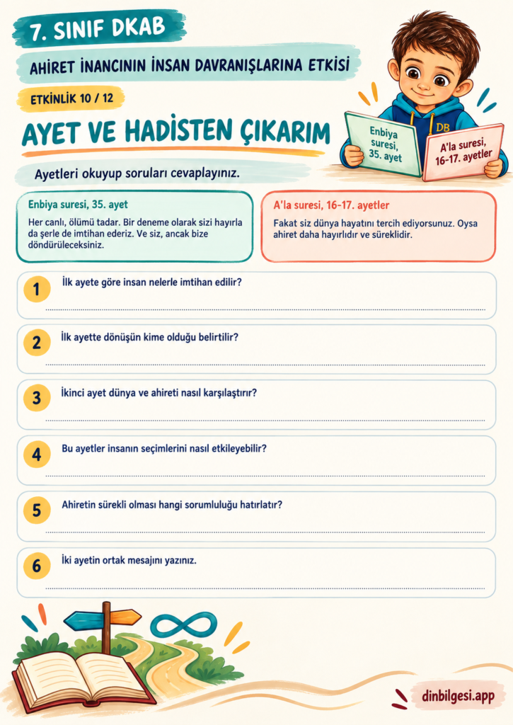Ahiret İnancının İnsan Davranışlarına Etkisi – Ayet ve Hadisten Çıkarım Çalışma Kağıdı – 7. Sınıf DKAB