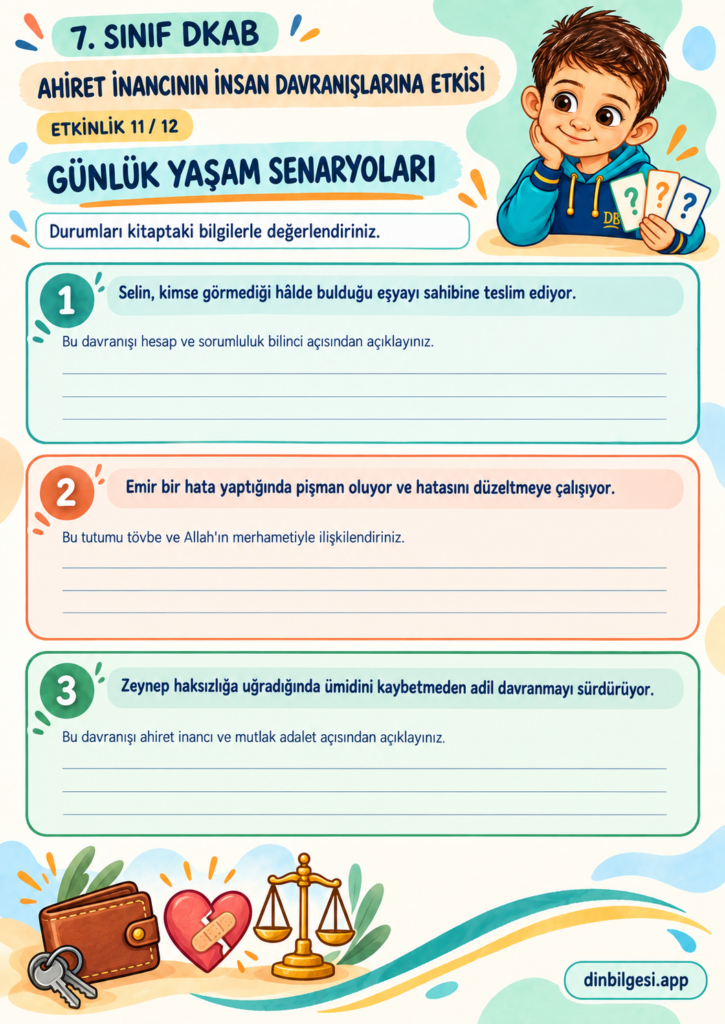 Ahiret İnancının İnsan Davranışlarına Etkisi – Günlük Yaşam Senaryoları Çalışma Kağıdı – 7. Sınıf DKAB