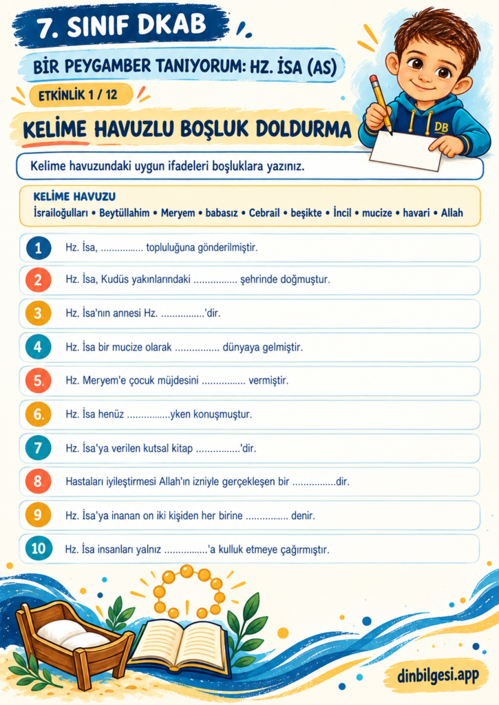 Bir Peygamber Tanıyorum: Hz. İsa (as) – Kelime Havuzlu Boşluk Doldurma Çalışma Kağıdı – 7. Sınıf DKAB