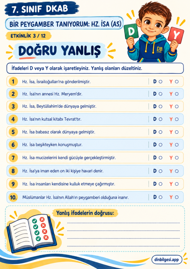 Bir Peygamber Tanıyorum: Hz. İsa (as) – Doğru Yanlış Çalışma Kağıdı – 7. Sınıf DKAB