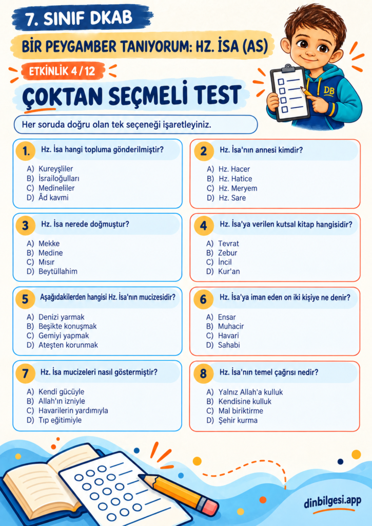 Bir Peygamber Tanıyorum: Hz. İsa (as) – Çoktan Seçmeli Test Çalışma Kağıdı – 7. Sınıf DKAB