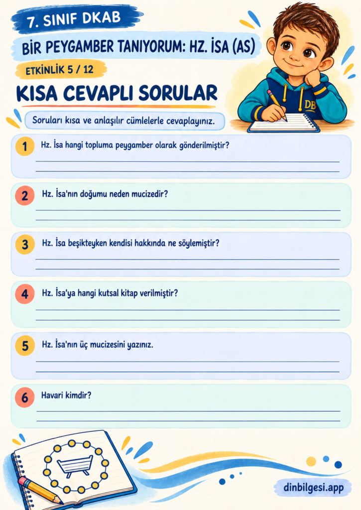 Bir Peygamber Tanıyorum: Hz. İsa (as) – Kısa Cevaplı Sorular Çalışma Kağıdı – 7. Sınıf DKAB