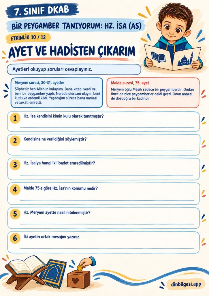 Bir Peygamber Tanıyorum: Hz. İsa (as) – Ayet ve Hadisten Çıkarım Çalışma Kağıdı – 7. Sınıf DKAB