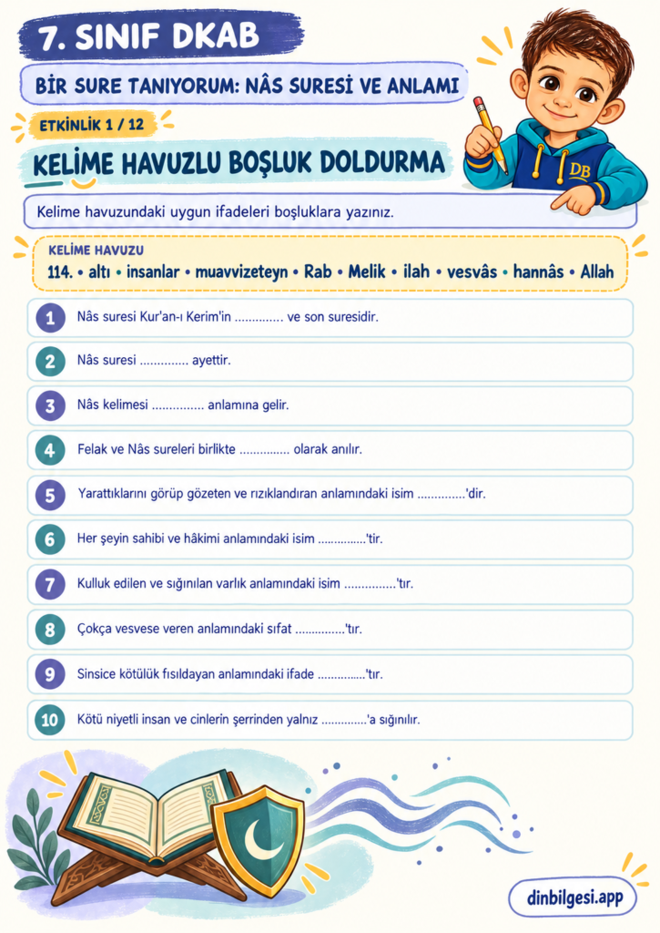 Bir Sure Tanıyorum: Nâs Suresi ve Anlamı – Kelime Havuzlu Boşluk Doldurma Çalışma Kağıdı – 7. Sınıf DKAB