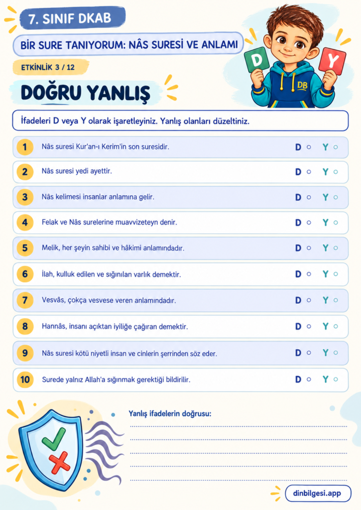 Bir Sure Tanıyorum: Nâs Suresi ve Anlamı – Doğru Yanlış Çalışma Kağıdı – 7. Sınıf DKAB