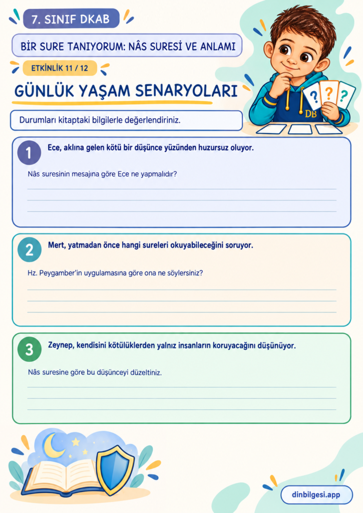 Bir Sure Tanıyorum: Nâs Suresi ve Anlamı – Günlük Yaşam Senaryoları Çalışma Kağıdı – 7. Sınıf DKAB