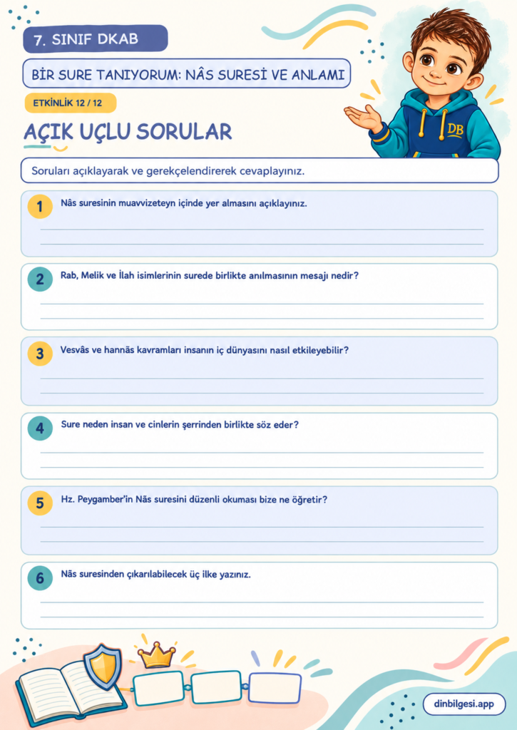 Bir Sure Tanıyorum: Nâs Suresi ve Anlamı – Açık Uçlu Sorular Çalışma Kağıdı – 7. Sınıf DKAB