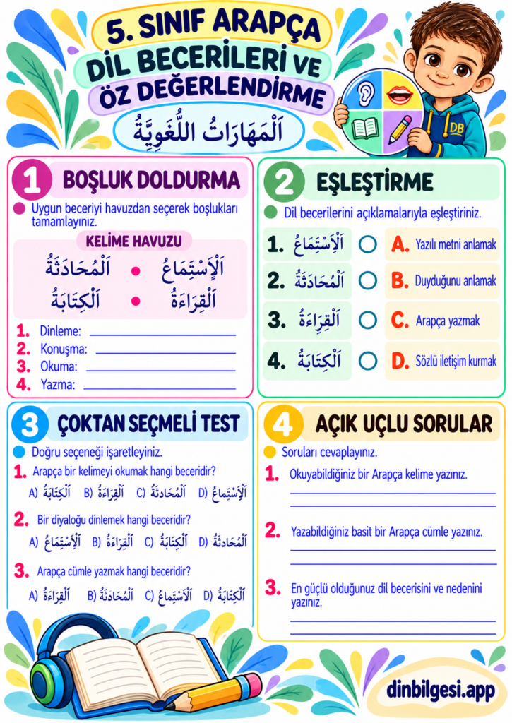 Dil Becerileri ve Öz Değerlendirme Çalışma Kağıdı | 5. Sınıf Arapça
