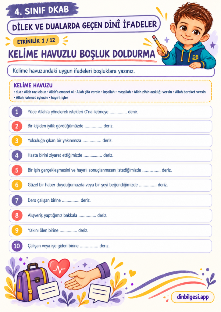 Dilek ve Dualarda Geçen Dinî İfadeler – Kelime Havuzlu Boşluk Doldurma Çalışma Kağıdı – 4. Sınıf DKAB