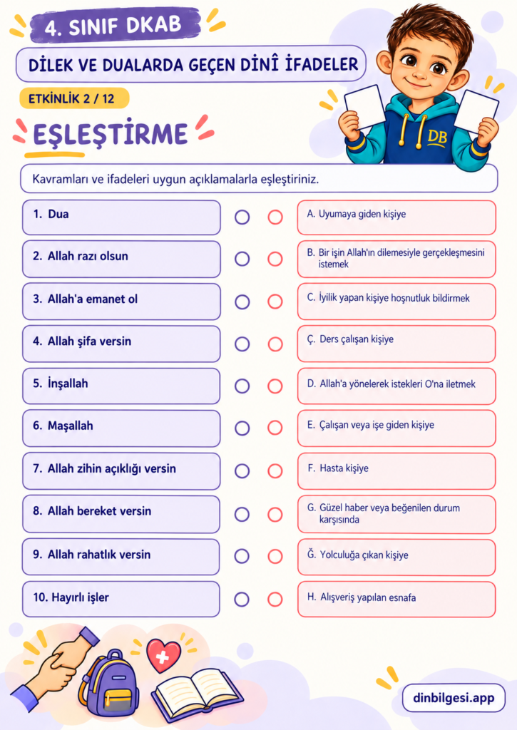 Dilek ve Dualarda Geçen Dinî İfadeler – Eşleştirme Çalışma Kağıdı – 4. Sınıf DKAB