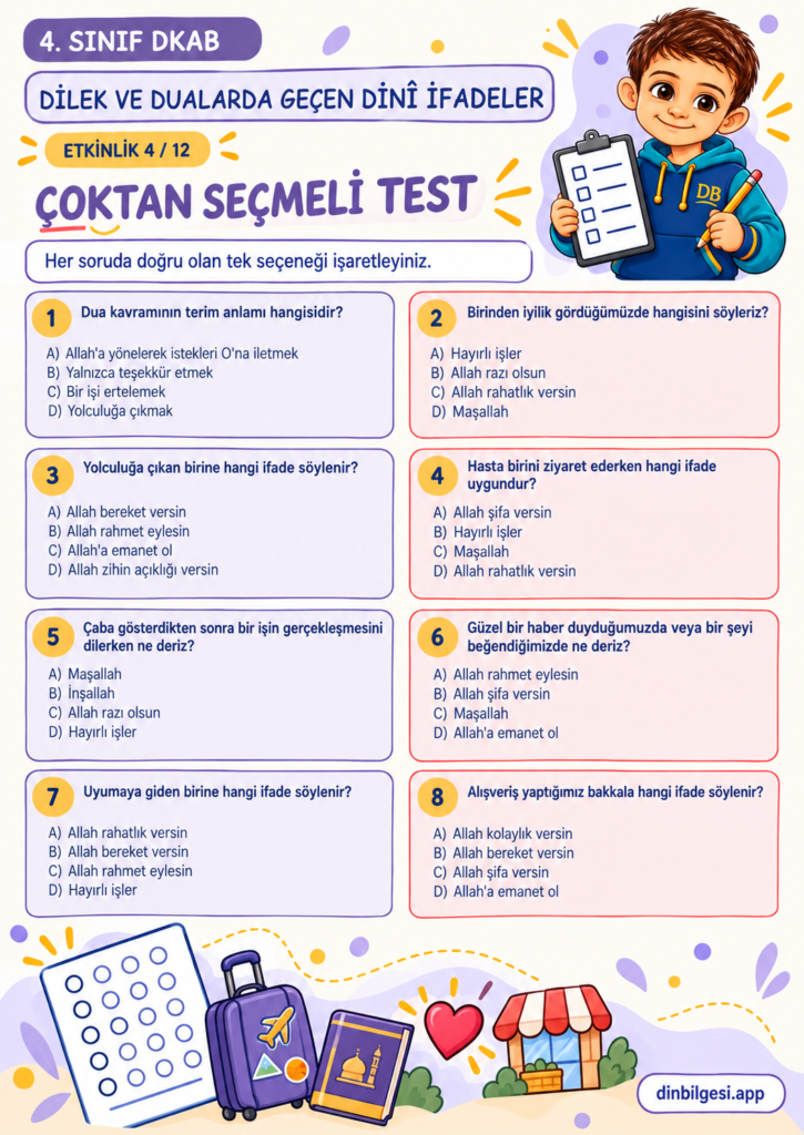 Dilek ve Dualarda Geçen Dinî İfadeler – Çoktan Seçmeli Test Çalışma Kağıdı – 4. Sınıf DKAB