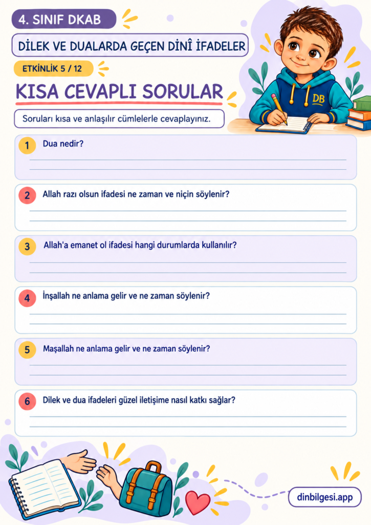 Dilek ve Dualarda Geçen Dinî İfadeler – Kısa Cevaplı Sorular Çalışma Kağıdı – 4. Sınıf DKAB