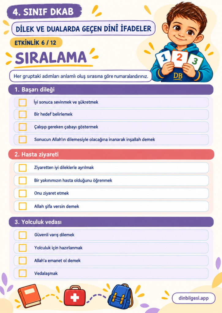 Dilek ve Dualarda Geçen Dinî İfadeler – Sıralama Çalışma Kağıdı – 4. Sınıf DKAB