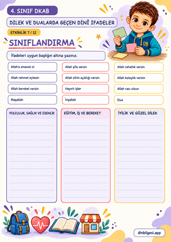Dilek ve Dualarda Geçen Dinî İfadeler – Sınıflandırma Çalışma Kağıdı – 4. Sınıf DKAB