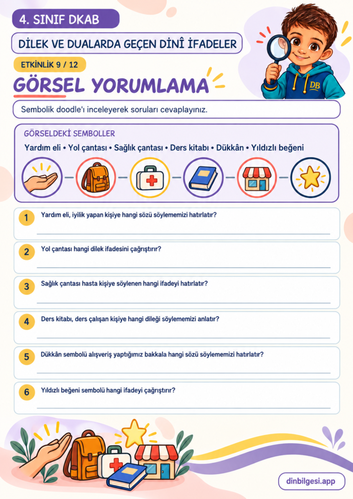 Dilek ve Dualarda Geçen Dinî İfadeler – Görsel Yorumlama Çalışma Kağıdı – 4. Sınıf DKAB