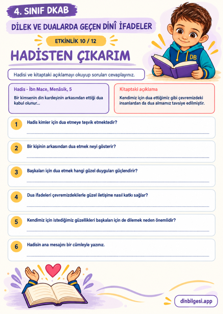 Dilek ve Dualarda Geçen Dinî İfadeler – Hadisten Çıkarım Çalışma Kağıdı – 4. Sınıf DKAB