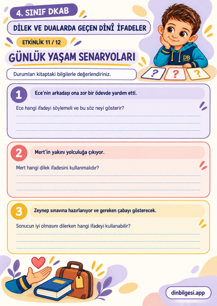 Dilek ve Dualarda Geçen Dinî İfadeler – Günlük Yaşam Senaryoları Çalışma Kağıdı – 4. Sınıf DKAB