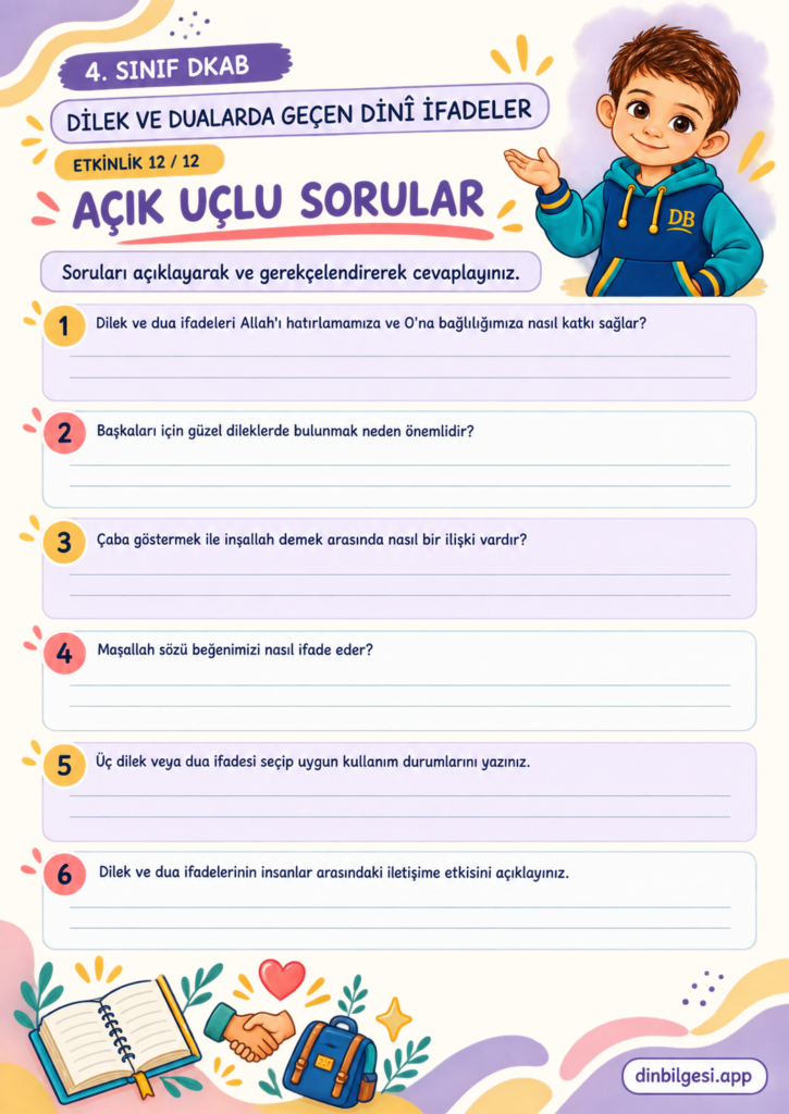 Dilek ve Dualarda Geçen Dinî İfadeler – Açık Uçlu Sorular Çalışma Kağıdı – 4. Sınıf DKAB