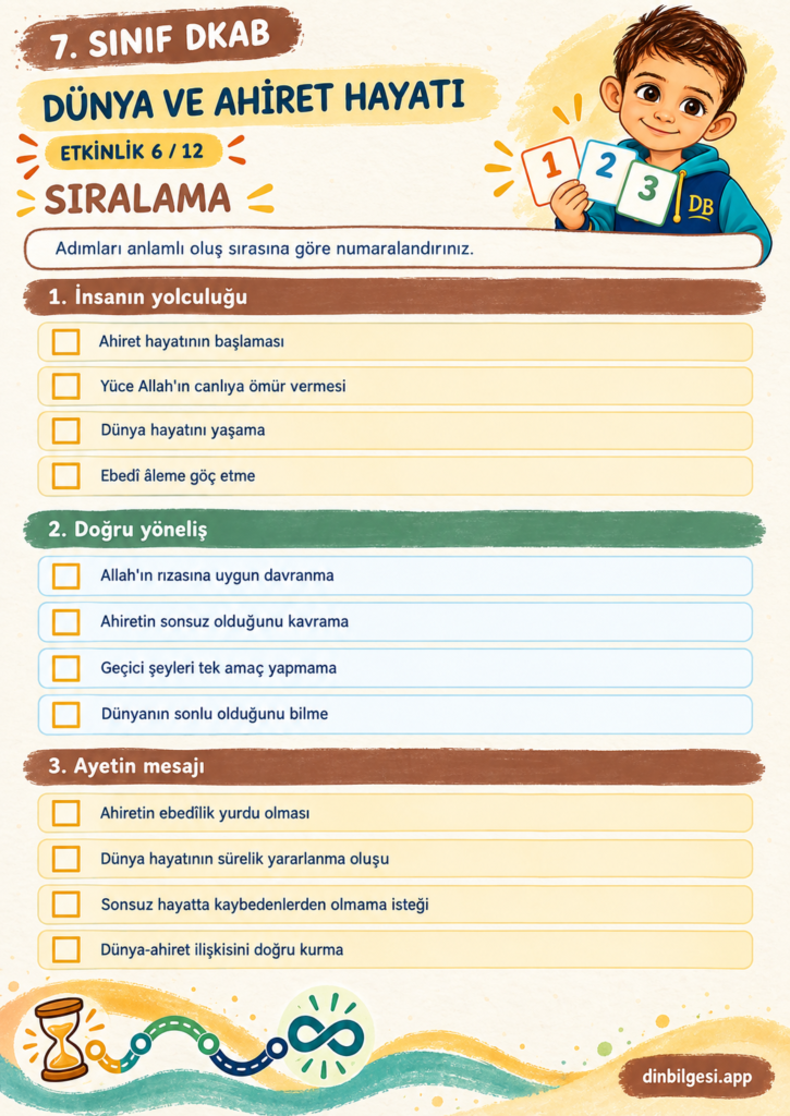 Dünya ve Ahiret Hayatı – Sıralama Çalışma Kağıdı – 7. Sınıf DKAB