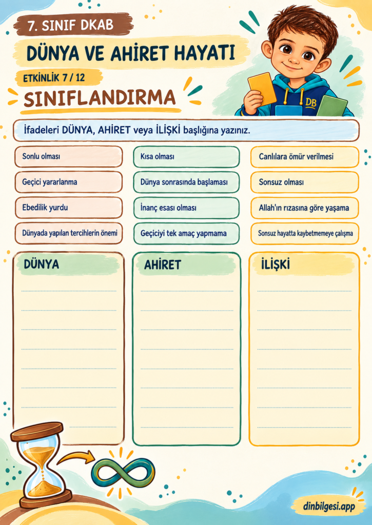 Dünya ve Ahiret Hayatı – Sınıflandırma Çalışma Kağıdı – 7. Sınıf DKAB