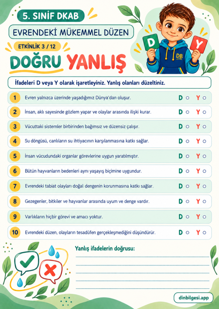 5. Sınıf Din Kültürü – 1. Ünite Allah İnancı – 1. Konu Evrendeki Mükemmel Düzen – Etkinlik 03: Doğru Yanlış