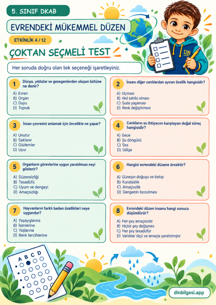 5. Sınıf Din Kültürü – 1. Ünite Allah İnancı – 1. Konu Evrendeki Mükemmel Düzen – Etkinlik 04: Çoktan Seçmeli Test