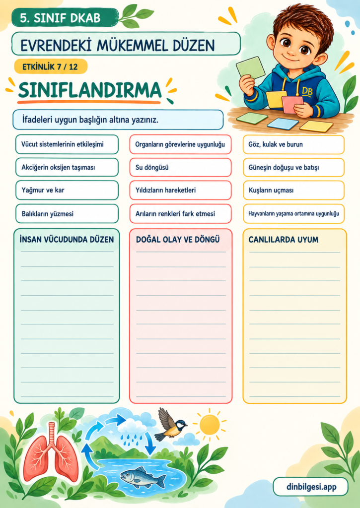 5. Sınıf Din Kültürü – 1. Ünite Allah İnancı – 1. Konu Evrendeki Mükemmel Düzen – Etkinlik 07: Sınıflandırma