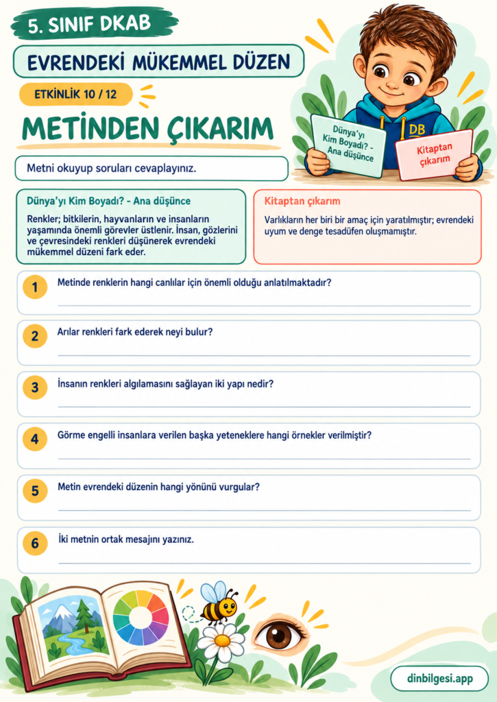 5. Sınıf Din Kültürü – 1. Ünite Allah İnancı – 1. Konu Evrendeki Mükemmel Düzen – Etkinlik 10: Metinden Çıkarım
