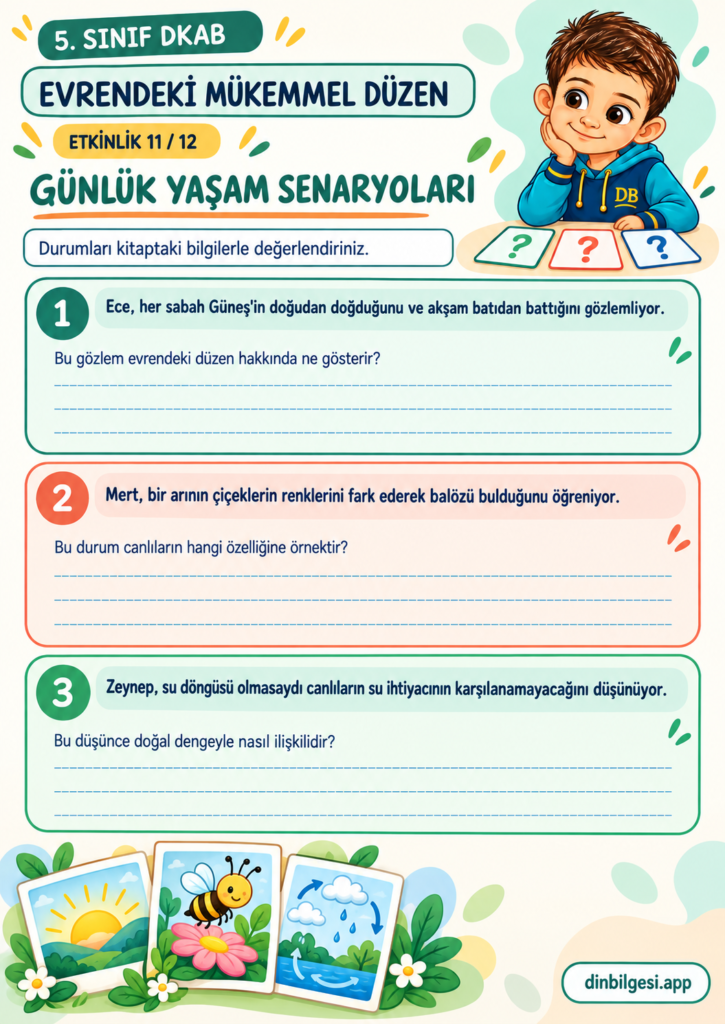 5. Sınıf Din Kültürü – 1. Ünite Allah İnancı – 1. Konu Evrendeki Mükemmel Düzen – Etkinlik 11: Günlük Yaşam Senaryoları