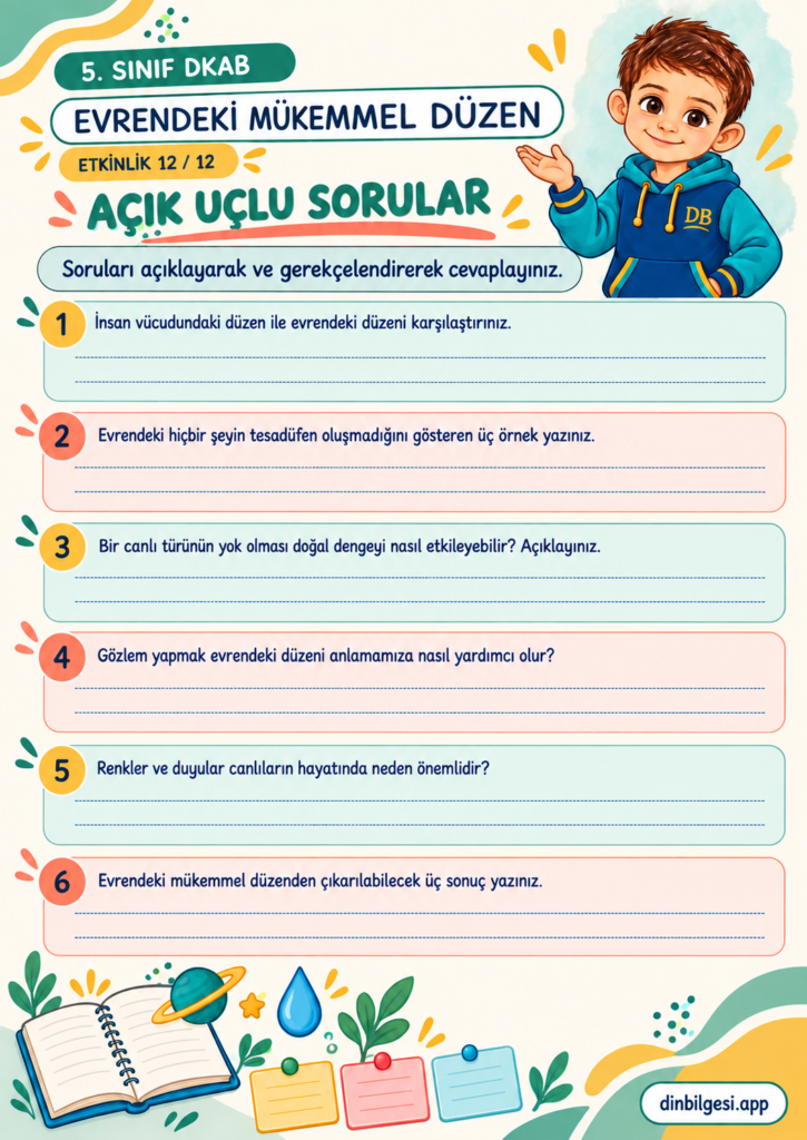 5. Sınıf Din Kültürü – 1. Ünite Allah İnancı – 1. Konu Evrendeki Mükemmel Düzen – Etkinlik 12: Açık Uçlu Sorular