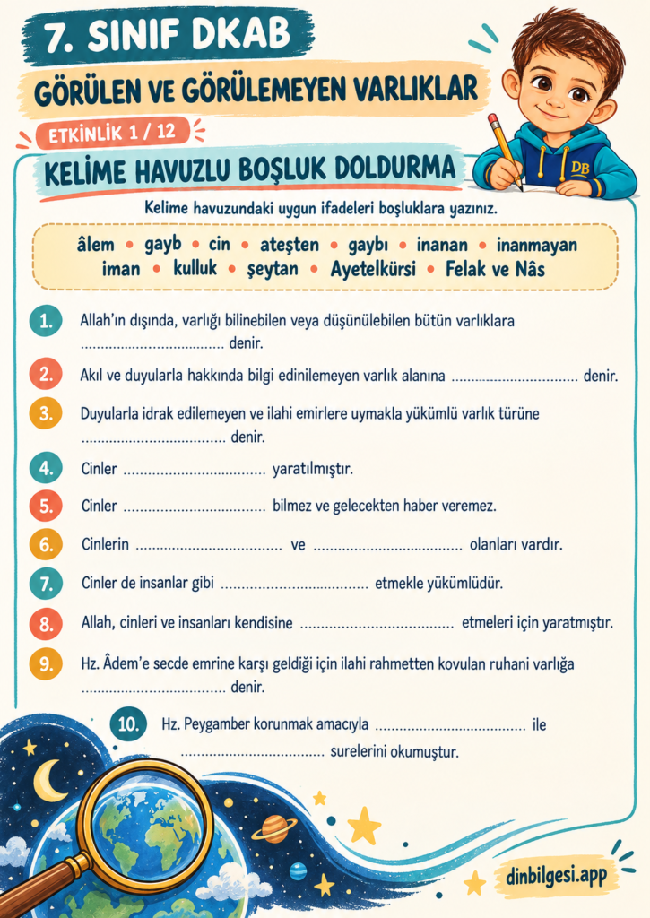 Görülen ve Görülemeyen Varlıklar – Kelime Havuzlu Boşluk Doldurma | 7. Sınıf DKAB