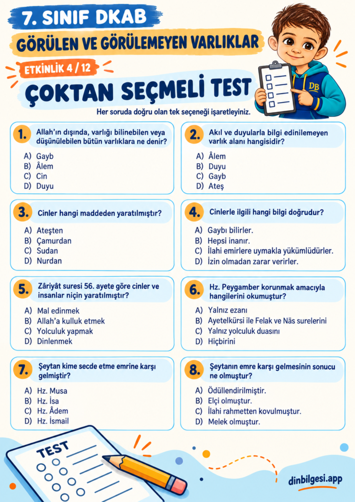 Görülen ve Görülemeyen Varlıklar – Çoktan Seçmeli Test | 7. Sınıf DKAB