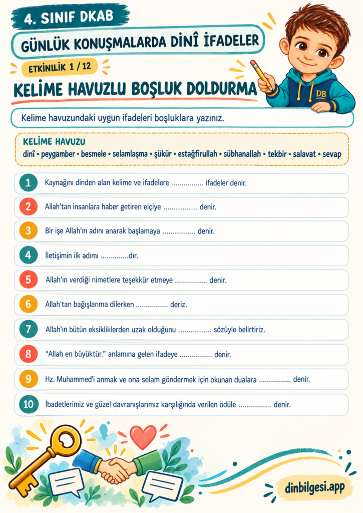 Günlük Konuşmalarda Dinî İfadeler – Kelime Havuzlu Boşluk Doldurma Çalışma Kağıdı – 4. Sınıf DKAB