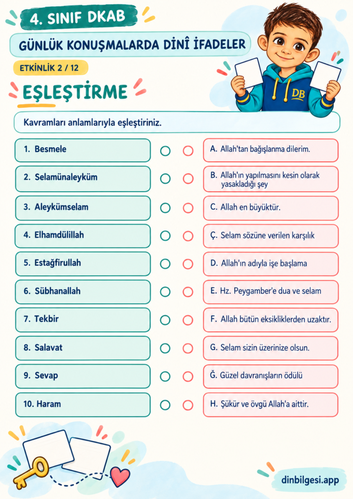Günlük Konuşmalarda Dinî İfadeler – Eşleştirme Çalışma Kağıdı – 4. Sınıf DKAB