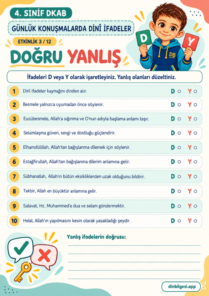 Günlük Konuşmalarda Dinî İfadeler – Doğru Yanlış Çalışma Kağıdı – 4. Sınıf DKAB