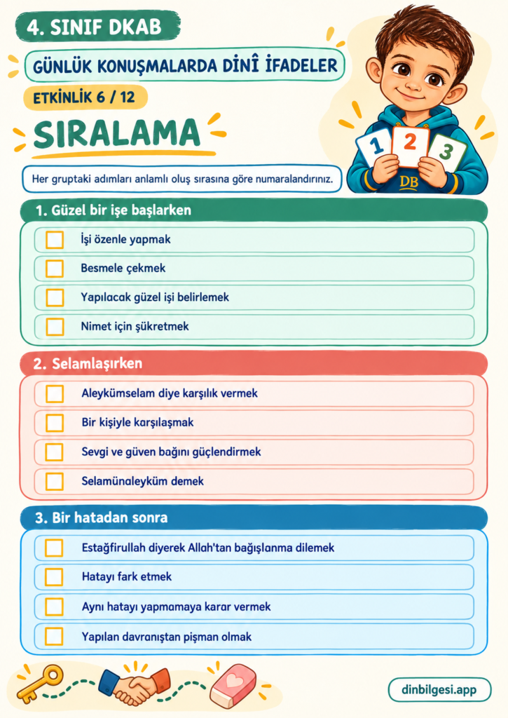 Günlük Konuşmalarda Dinî İfadeler – Sıralama Çalışma Kağıdı – 4. Sınıf DKAB