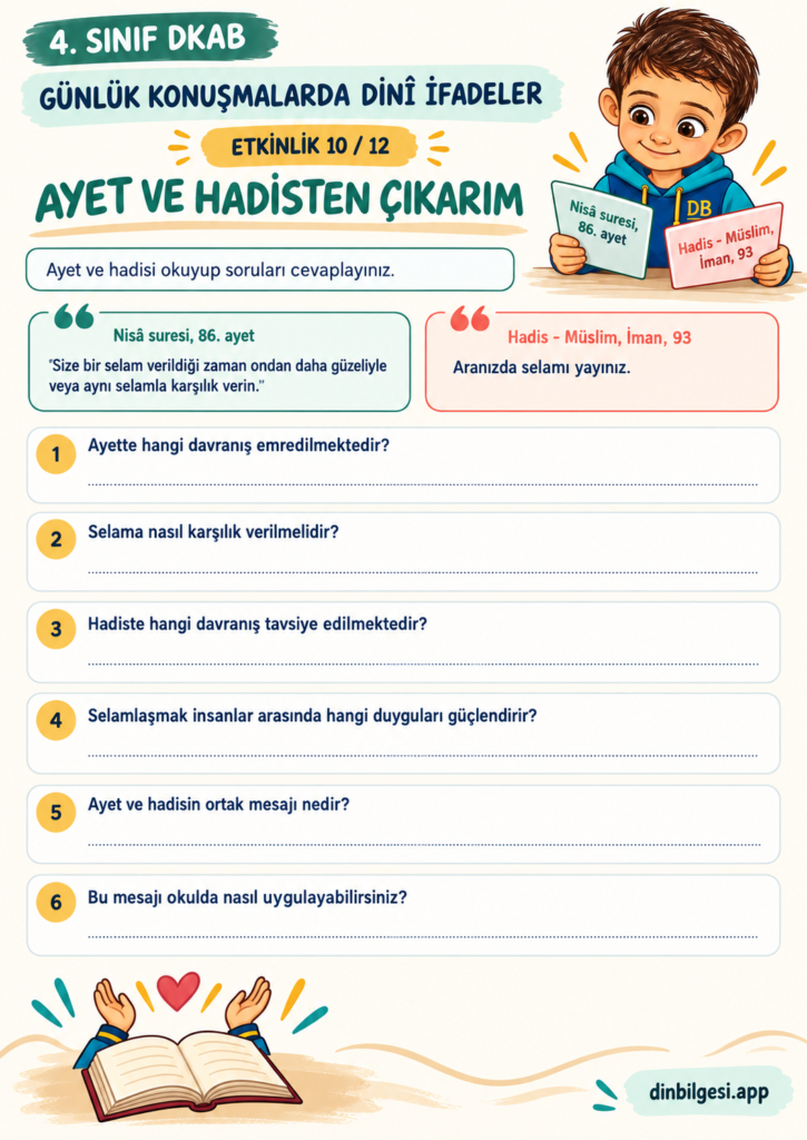 Günlük Konuşmalarda Dinî İfadeler – Ayet ve Hadisten Çıkarım Çalışma Kağıdı – 4. Sınıf DKAB