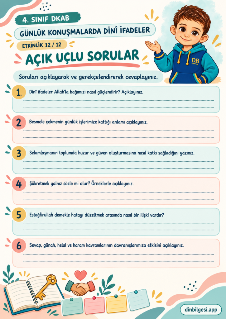 Günlük Konuşmalarda Dinî İfadeler – Açık Uçlu Sorular Çalışma Kağıdı – 4. Sınıf DKAB