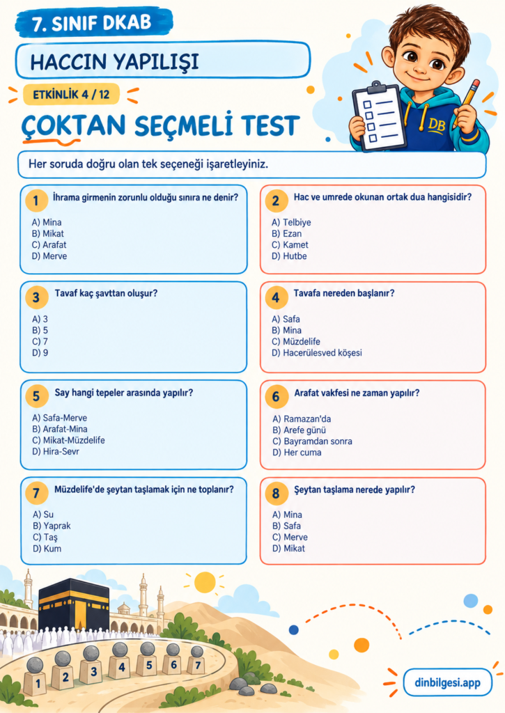 Haccın Yapılışı – Çoktan Seçmeli Test Çalışma Kağıdı – 7. Sınıf DKAB
