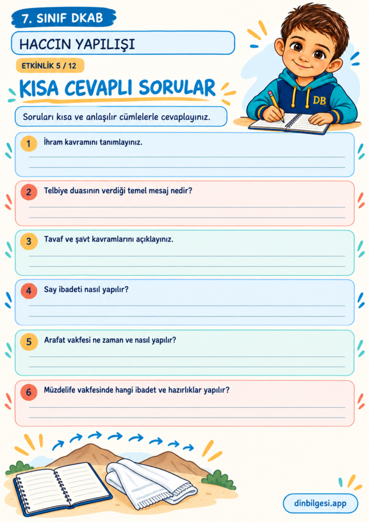 Haccın Yapılışı – Kısa Cevaplı Sorular Çalışma Kağıdı – 7. Sınıf DKAB