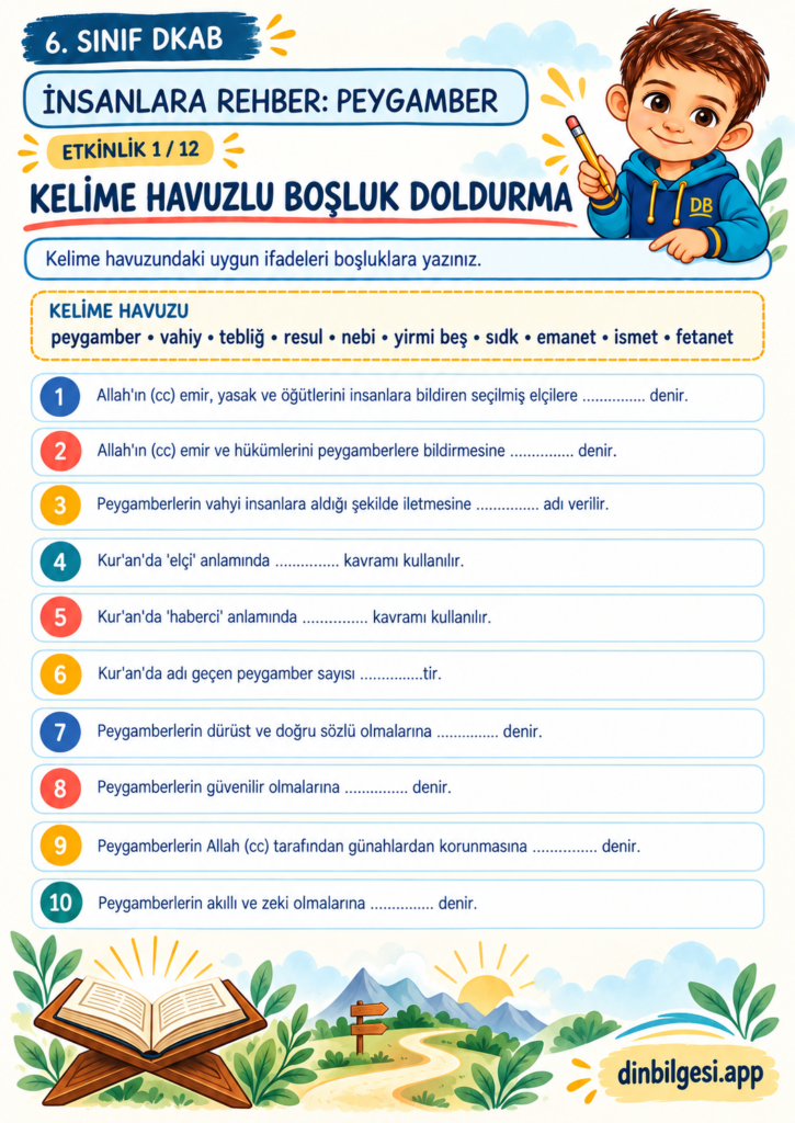 İnsanlara Rehber: Peygamber – Kelime Havuzlu Boşluk Doldurma Çalışma Kağıdı – 6. Sınıf DKAB