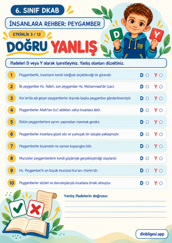 İnsanlara Rehber: Peygamber – Doğru Yanlış Çalışma Kağıdı – 6. Sınıf DKAB