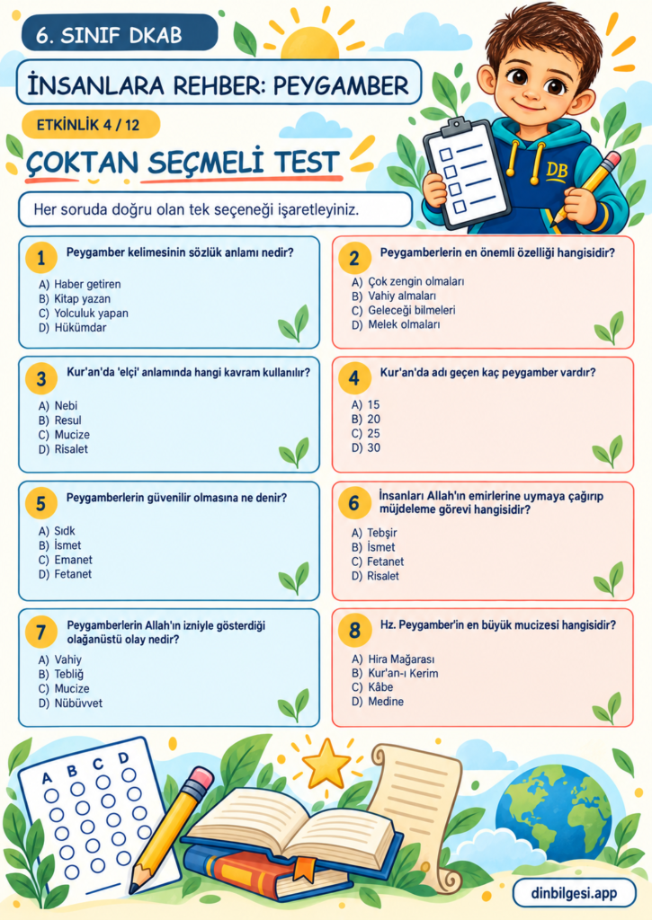 İnsanlara Rehber: Peygamber – Çoktan Seçmeli Test Çalışma Kağıdı – 6. Sınıf DKAB